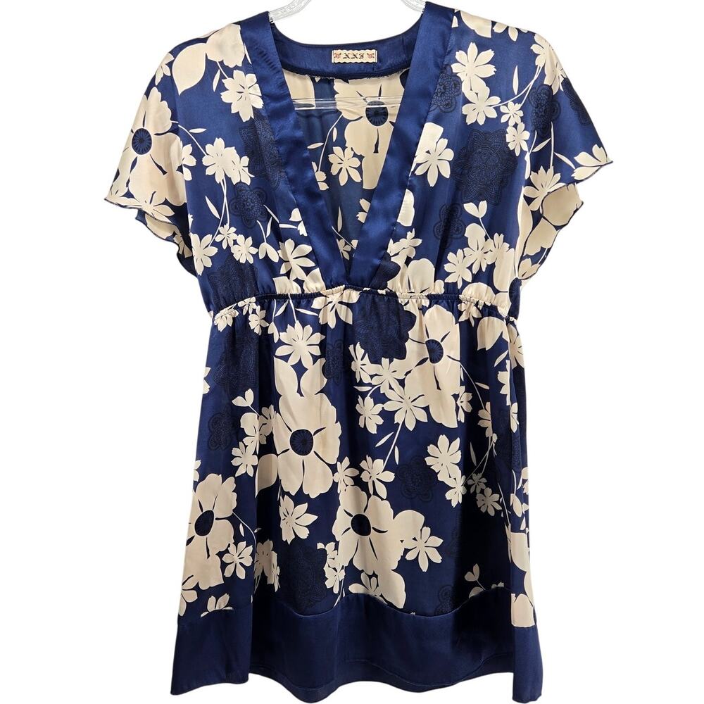 Vintage Y2K XXI Floral V-Neck Empire Waist Top Size SM Satin Feel Asian Flowy
